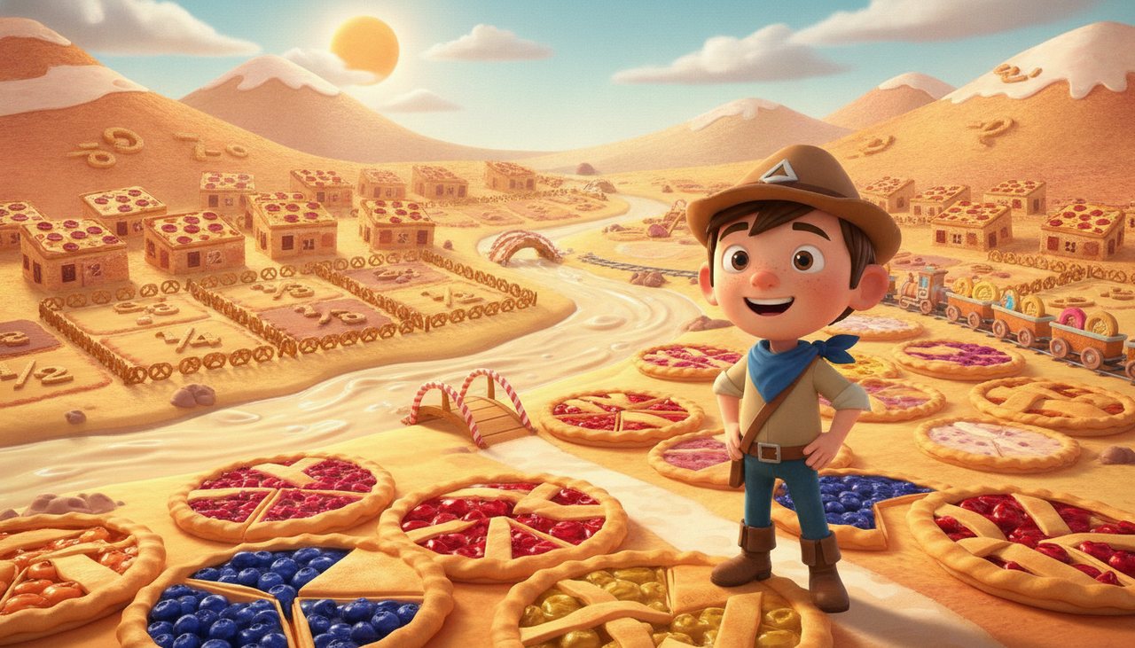 Key art from Fraction Frontier – A frontier full of pies, plots and pizza – and the fractions hiding in them.
